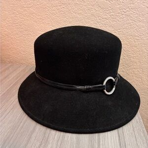 Nordstrom Black Hat with leather and metal ring Detail